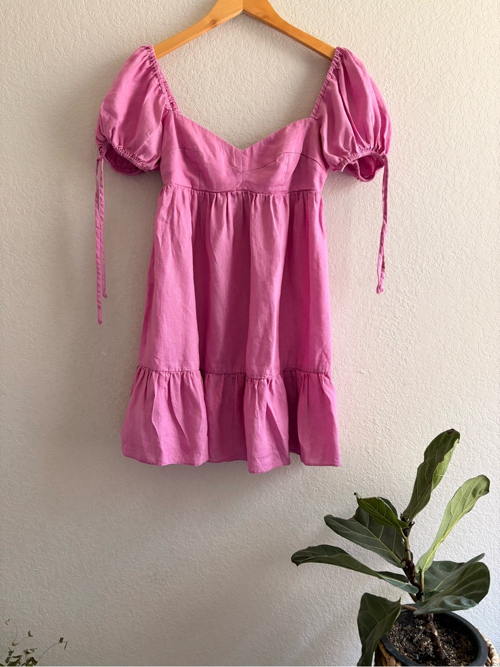 Olivaceous pink  Smocked Puff Sleeve Babydoll mini Dress Women's M 100%linen